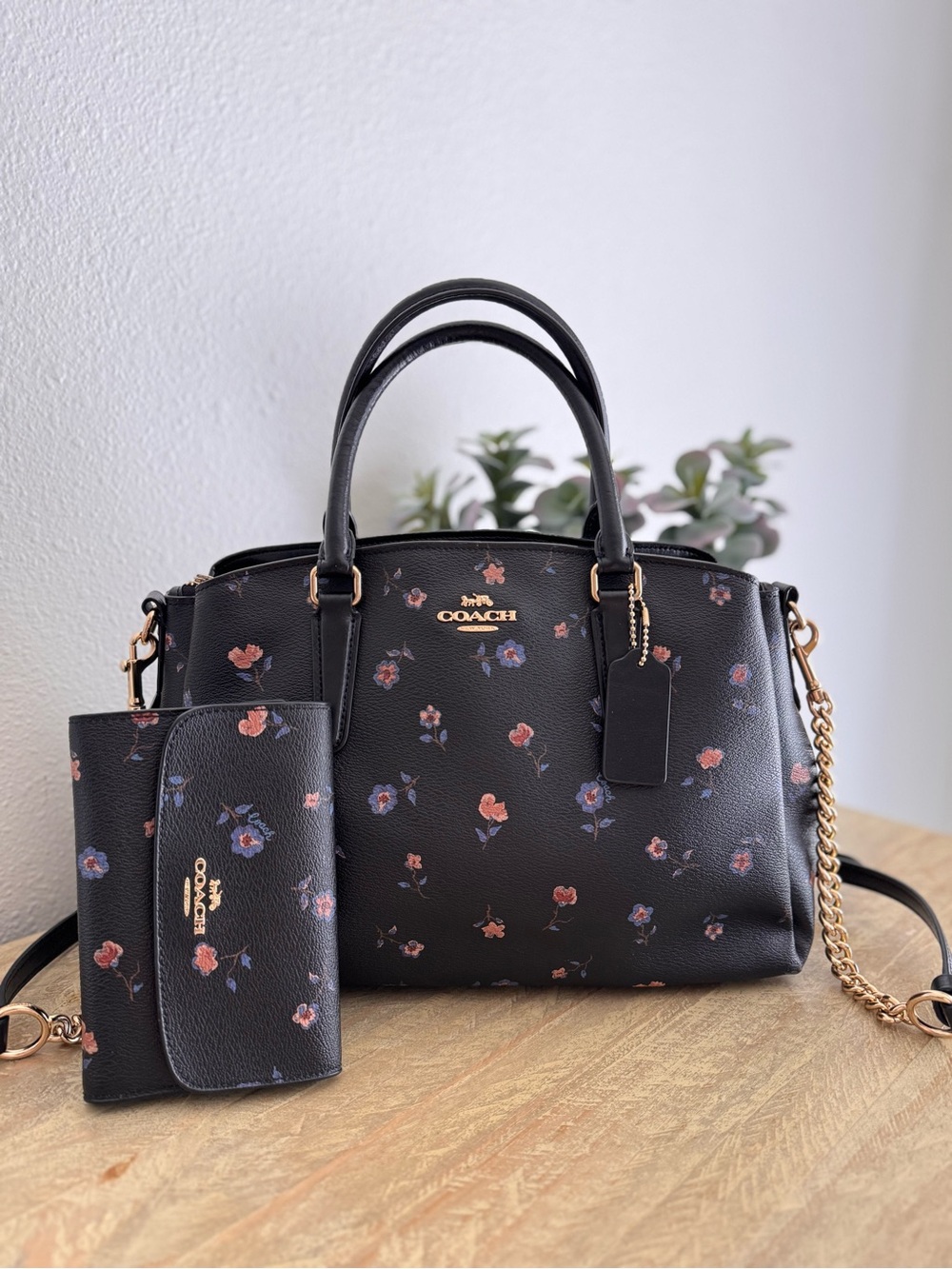Coach Black Floral Pebbled Leather Satchel and Wallet Set